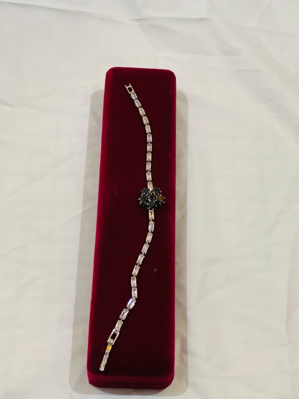 Silver & Black Crystal Flower Bracelet